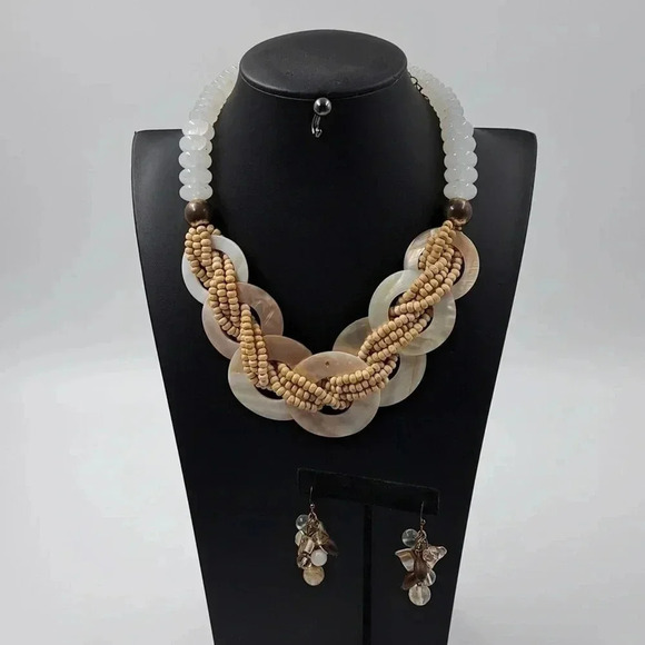Fashion Accessories | 2 pieces | Earrings &Necklace | Off White, tan, brown - Picture 1 of 6
